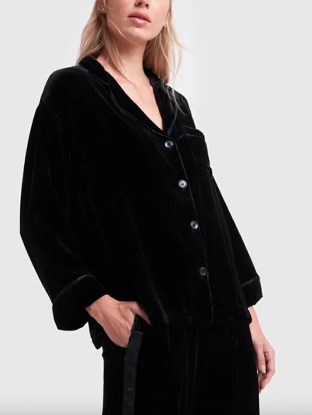 Sleepy Jones Marina Grosgrain Trimmed Velvet Silk Pajama Set Black size S